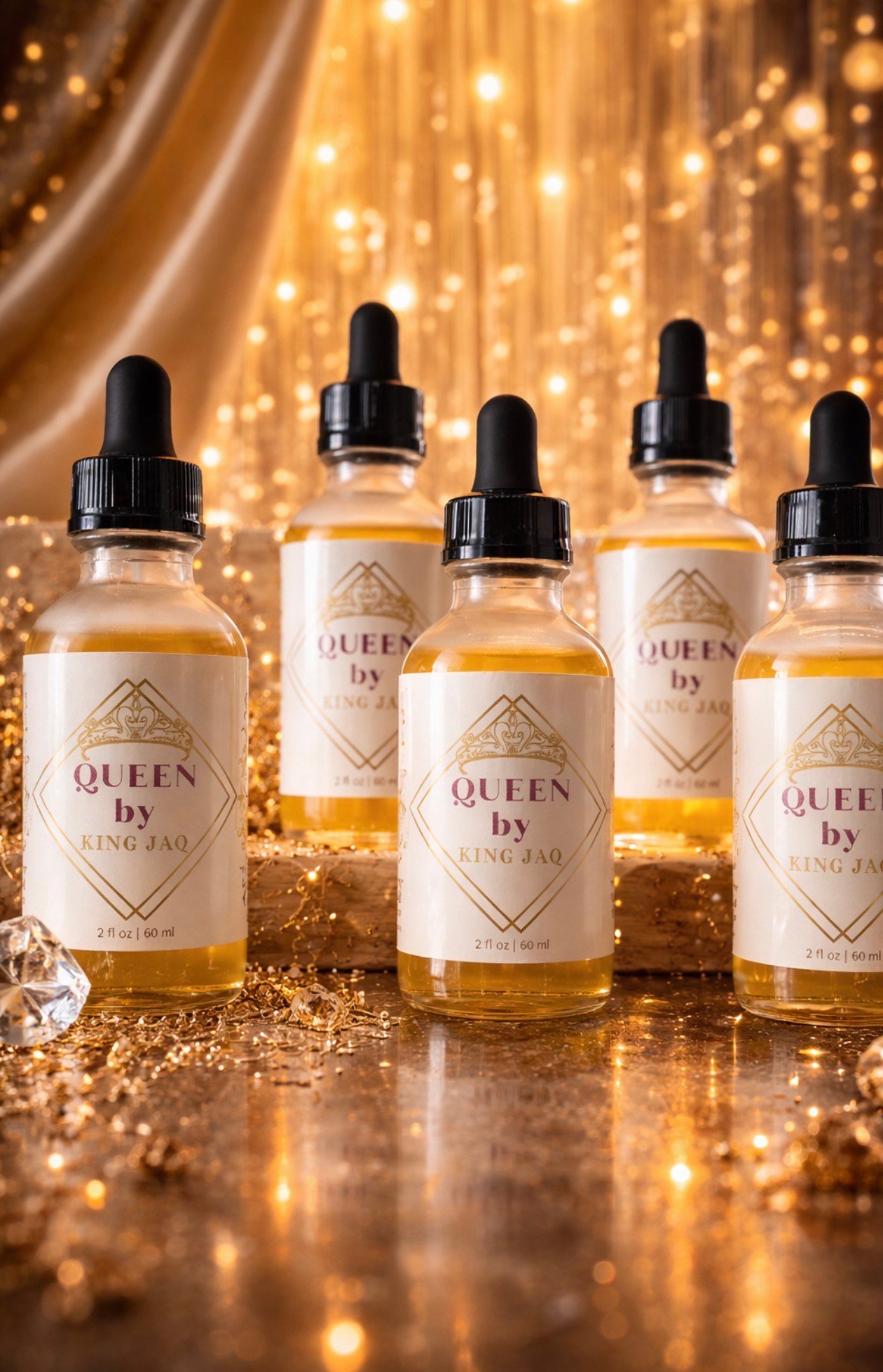 King JAQ beard oil bottles displayed in a luxury grooming setup with warm lighting